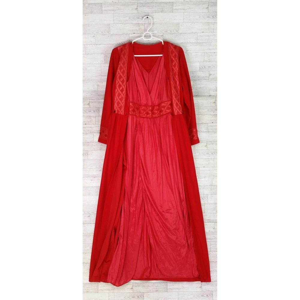Vintage 60s Pinehurst Peignoir Lingerie Set Red Embroidered Nightgown Robe Set S